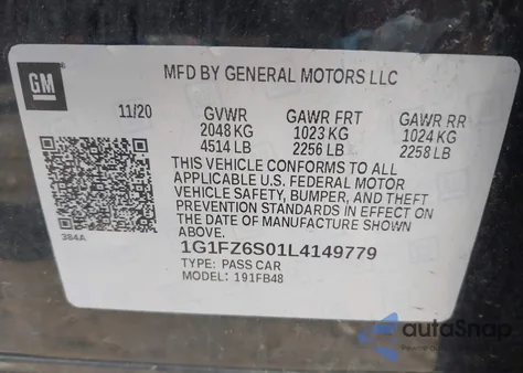 2020 Chevrolet Bolt Ev Fwd Premier z USA, uszkodzony, nr VIN 1G1FZ6S01L4149779